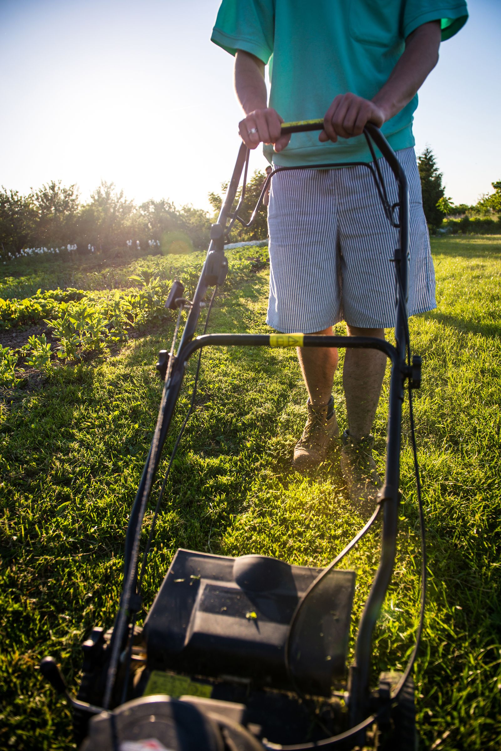 Landscaper mowing a lawn